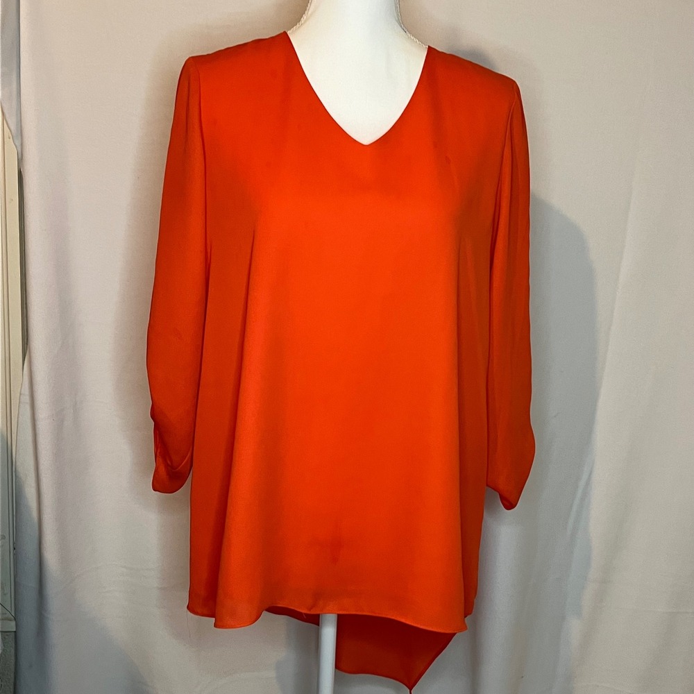 Cato Womens Orange V-Neck Asymmetrical Sharkbite Hem Blouse Size M RN37080